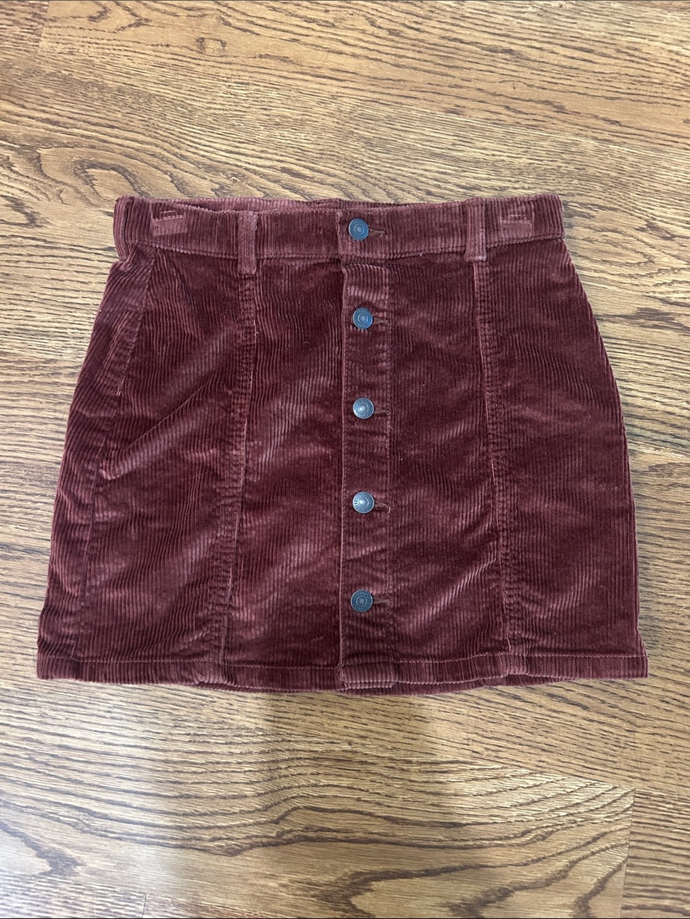 Button-Front Corduroy Mini Skirt in Deep Burgundy/Brown. Excellent Condition